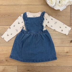 Carter's Blue Denim Pinafore Dress with Cream Printed Long-Sleeve Onesie 18m